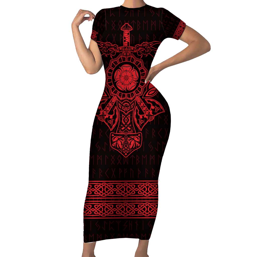 Vikings from Yorkshire Family Matching Short Sleeve Bodycon Dress and Hawaiian Shirt Red Spirit of Jorvik - Wonder Print Shop