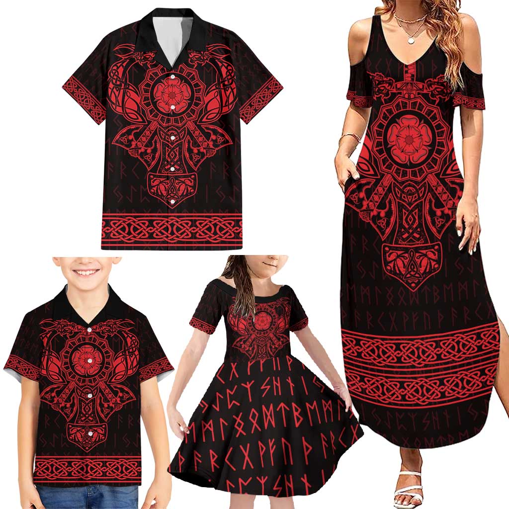 Vikings from Yorkshire Family Matching Summer Maxi Dress and Hawaiian Shirt Red Spirit of Jorvik - Wonder Print Shop