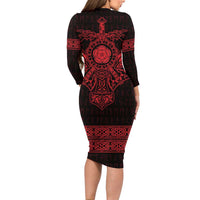 Vikings from Yorkshire Long Sleeve Bodycon Dress Red Spirit of Jorvik - Wonder Print Shop