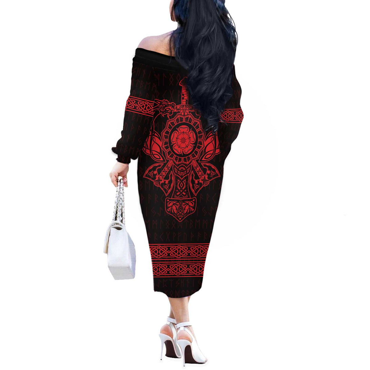 Vikings from Yorkshire Off The Shoulder Long Sleeve Dress Red Spirit of Jorvik - Wonder Print Shop
