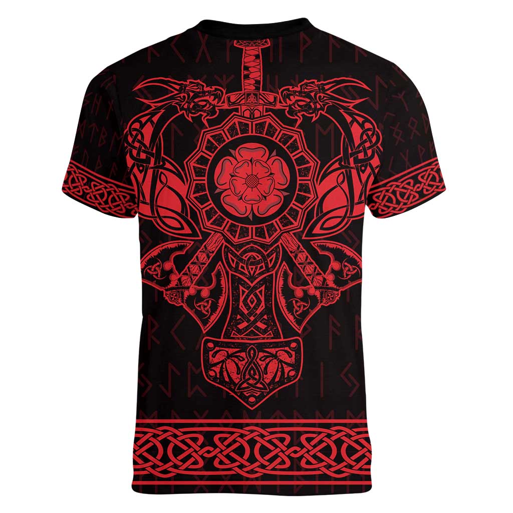 Vikings from Yorkshire Women V-Neck T-Shirt Red Spirit of Jorvik - Wonder Print Shop