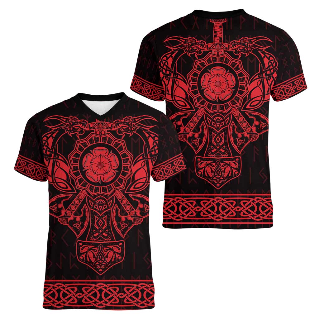 Vikings from Yorkshire Women V-Neck T-Shirt Red Spirit of Jorvik - Wonder Print Shop