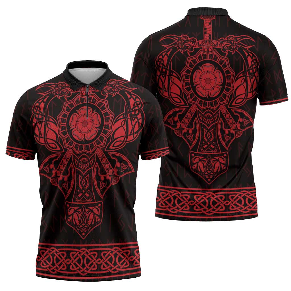 Vikings from Yorkshire Zipper Polo Shirt Red Spirit of Jorvik - Wonder Print Shop