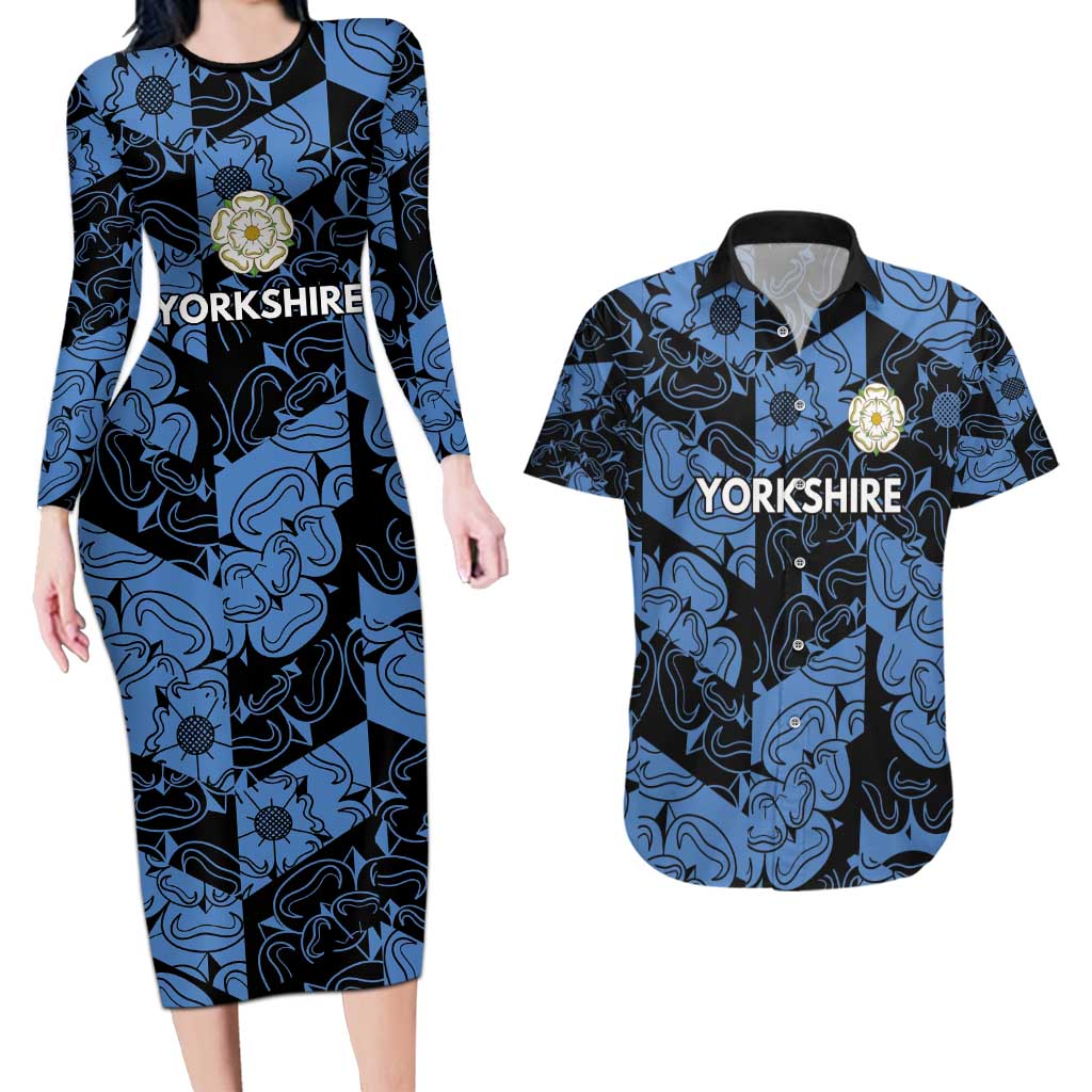 Custom Yorkshire Vikings Heritage Pride Couples Matching Long Sleeve Bodycon Dress and Hawaiian Shirt White Rose of Yorkshire - Wonder Print Shop