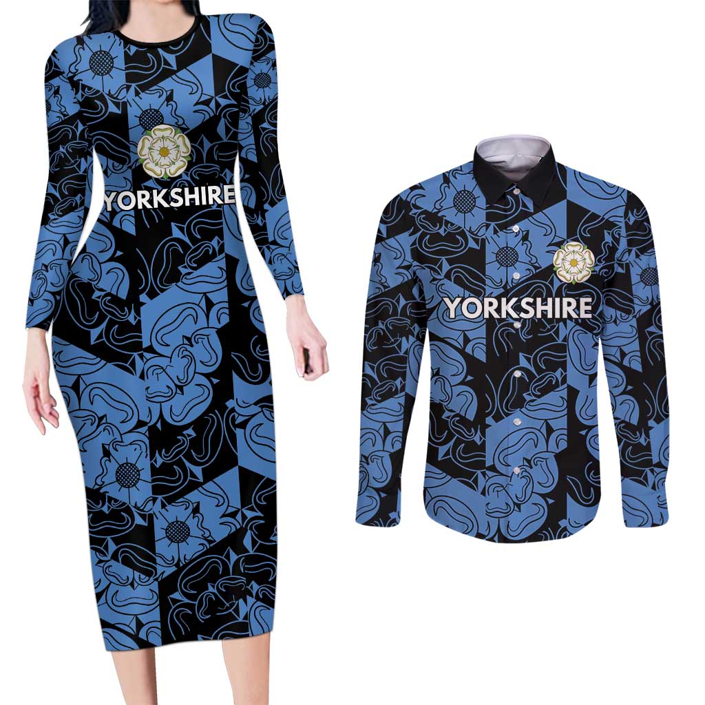 Custom Yorkshire Vikings Heritage Pride Couples Matching Long Sleeve Bodycon Dress and Long Sleeve Button Shirt White Rose of Yorkshire - Wonder Print Shop