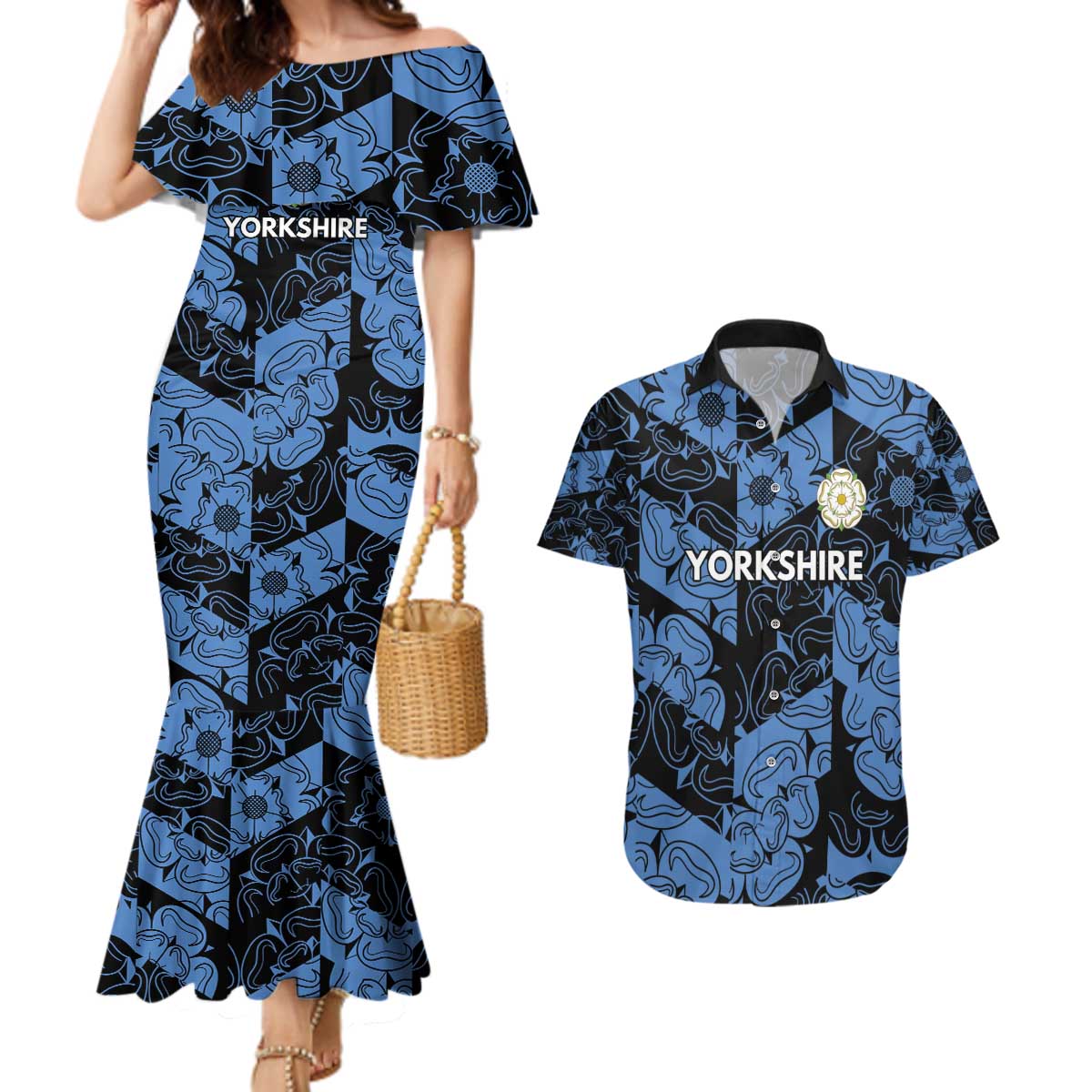 Custom Yorkshire Vikings Heritage Pride Couples Matching Mermaid Dress and Hawaiian Shirt White Rose of Yorkshire - Wonder Print Shop