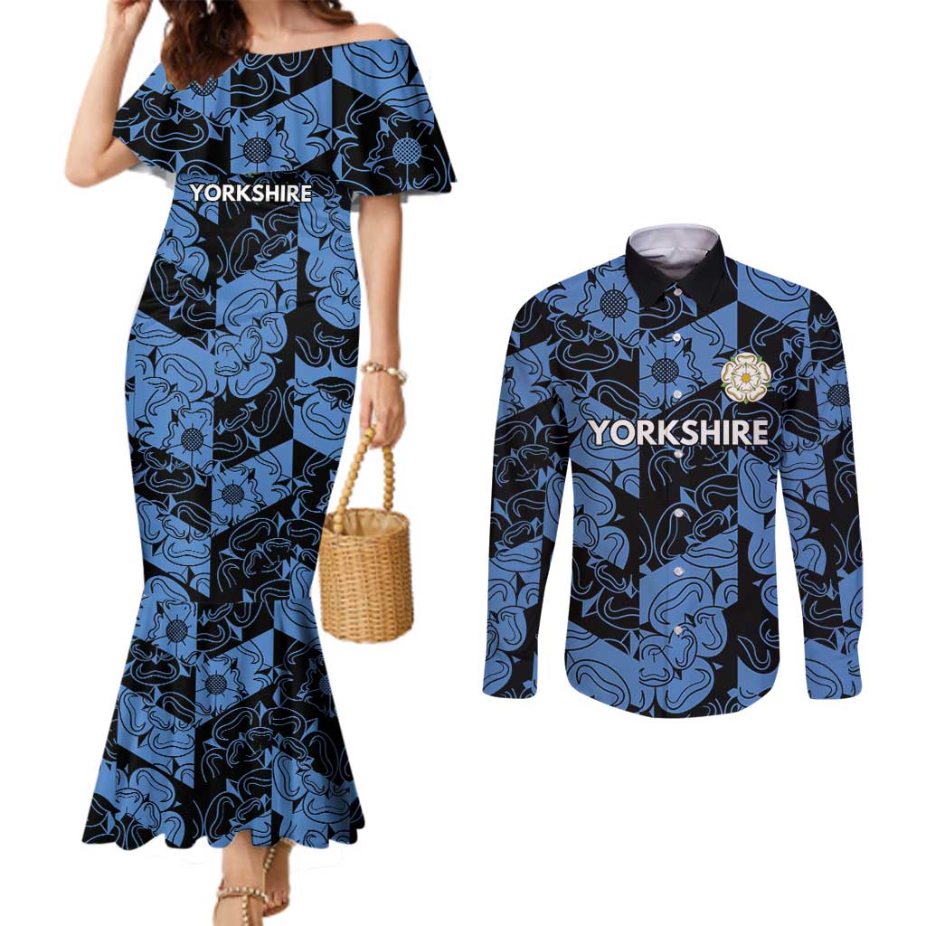 Custom Yorkshire Vikings Heritage Pride Couples Matching Mermaid Dress and Long Sleeve Button Shirt White Rose of Yorkshire - Wonder Print Shop