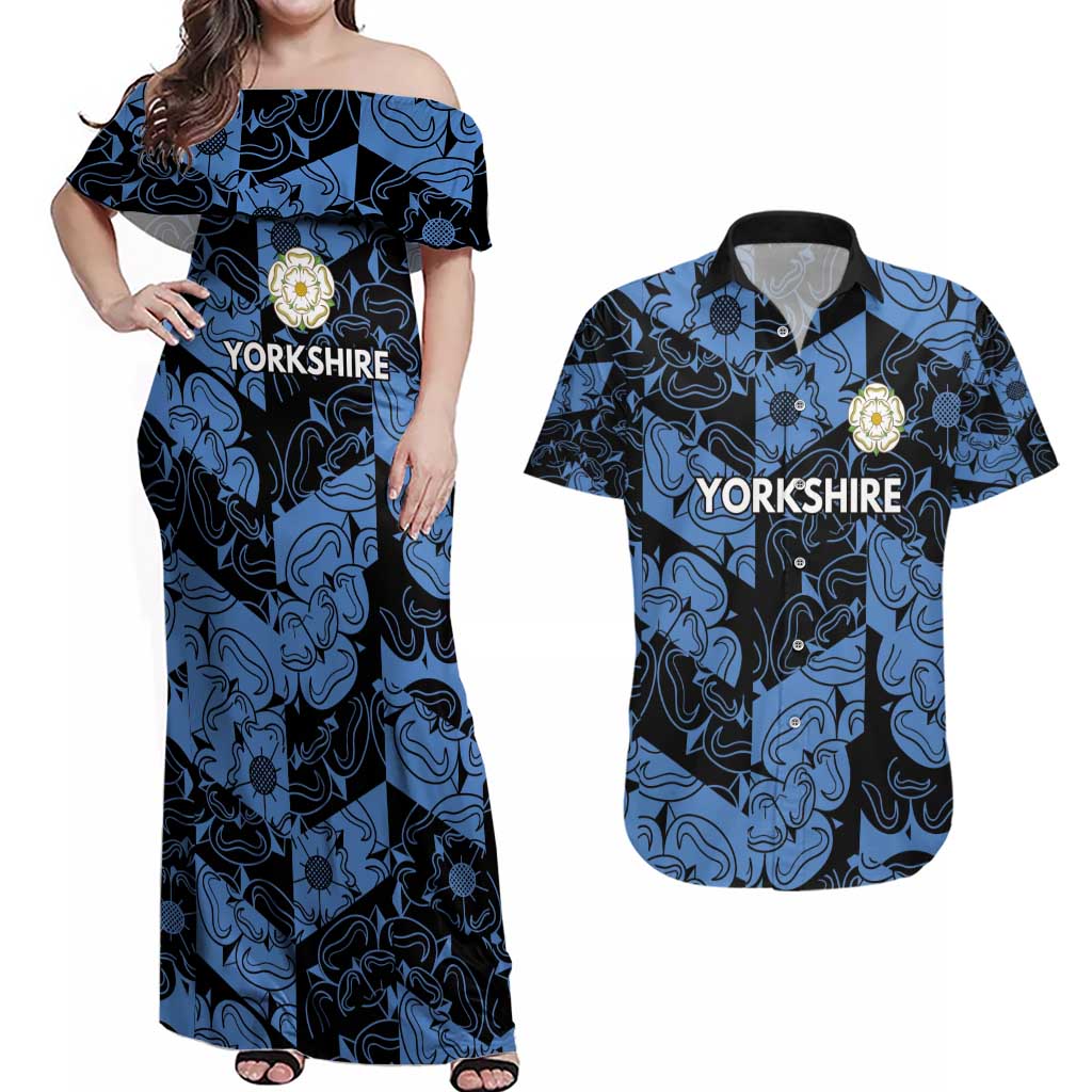 Custom Yorkshire Vikings Heritage Pride Couples Matching Off Shoulder Maxi Dress and Hawaiian Shirt White Rose of Yorkshire - Wonder Print Shop