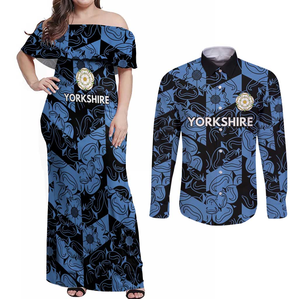 Custom Yorkshire Vikings Heritage Pride Couples Matching Off Shoulder Maxi Dress and Long Sleeve Button Shirt White Rose of Yorkshire - Wonder Print Shop