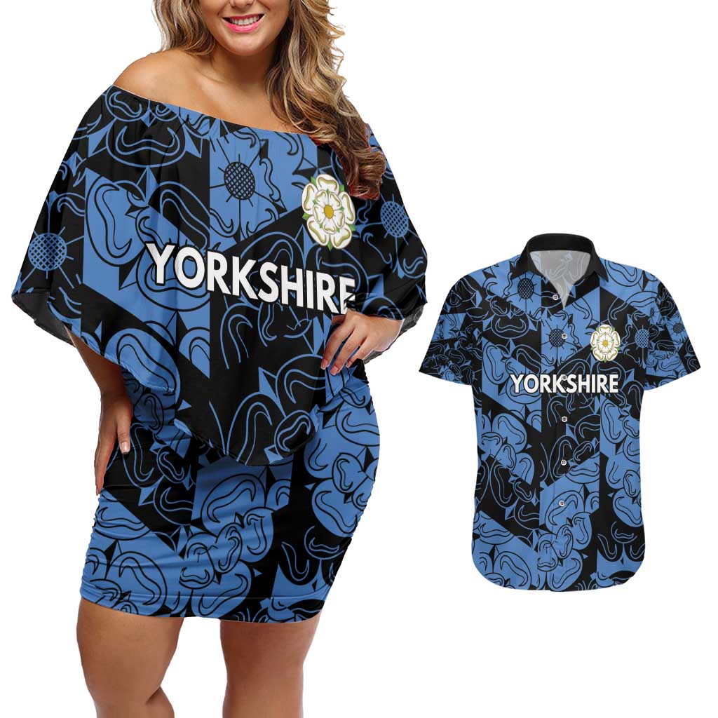Custom Yorkshire Vikings Heritage Pride Couples Matching Off Shoulder Short Dress and Hawaiian Shirt White Rose of Yorkshire - Wonder Print Shop
