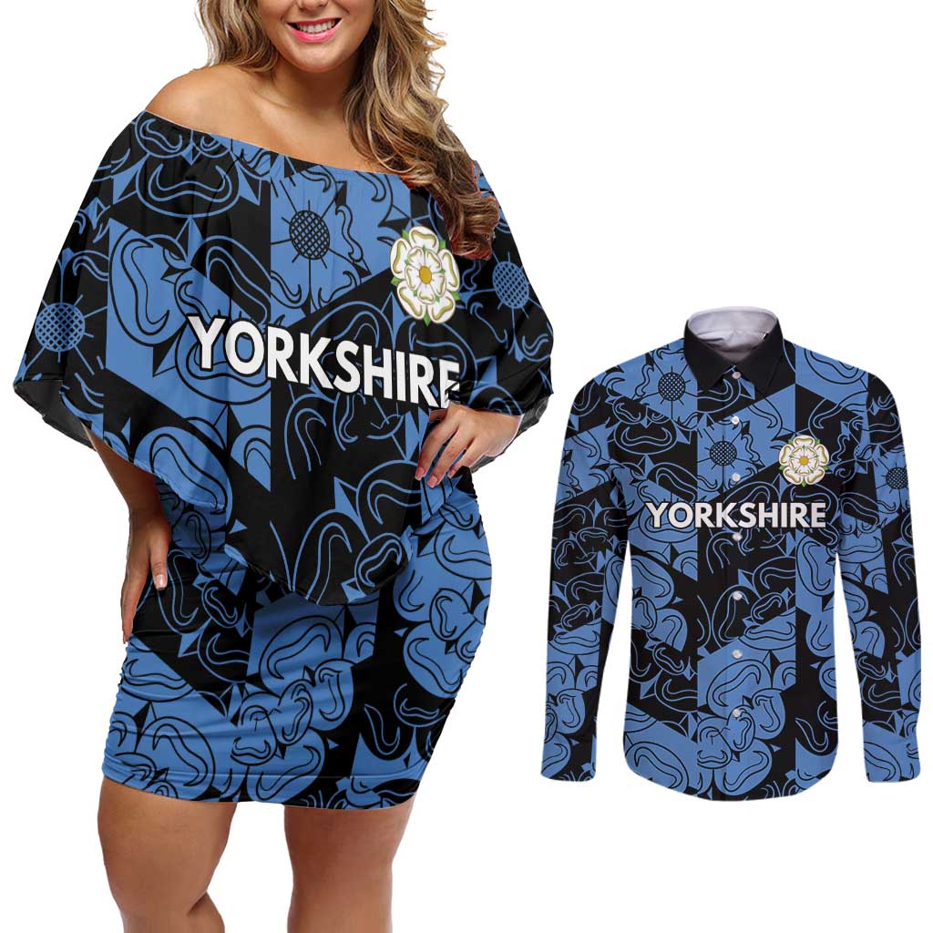 Custom Yorkshire Vikings Heritage Pride Couples Matching Off Shoulder Short Dress and Long Sleeve Button Shirt White Rose of Yorkshire - Wonder Print Shop