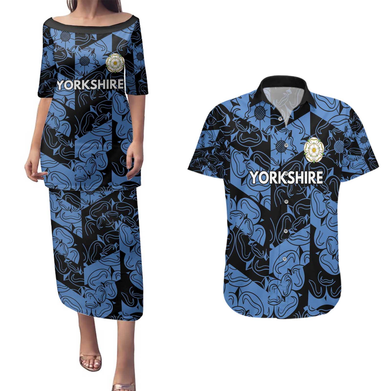 Custom Yorkshire Vikings Heritage Pride Couples Matching Puletasi and Hawaiian Shirt White Rose of Yorkshire - Wonder Print Shop