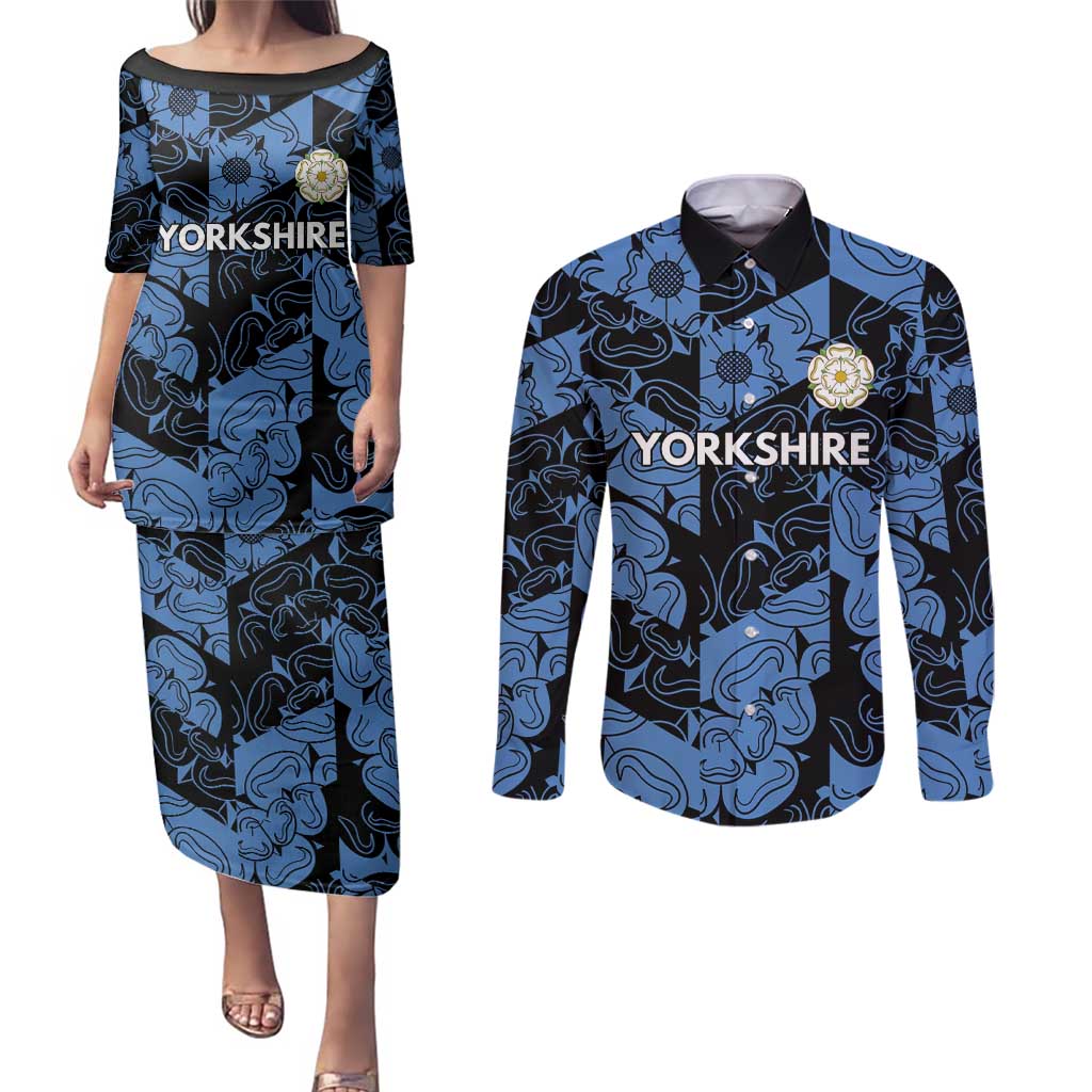 Custom Yorkshire Vikings Heritage Pride Couples Matching Puletasi and Long Sleeve Button Shirt White Rose of Yorkshire - Wonder Print Shop