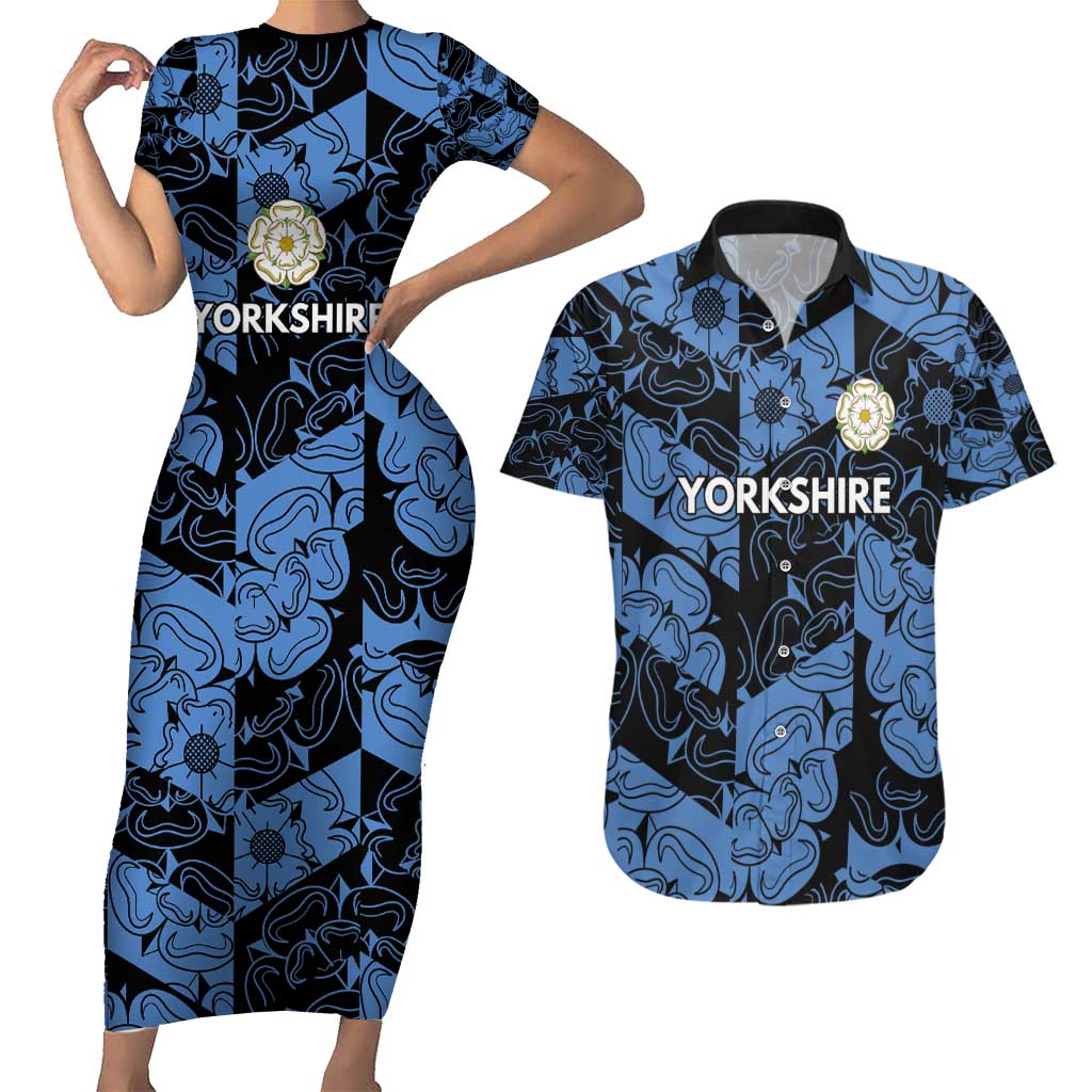 Custom Yorkshire Vikings Heritage Pride Couples Matching Short Sleeve Bodycon Dress and Hawaiian Shirt White Rose of Yorkshire - Wonder Print Shop