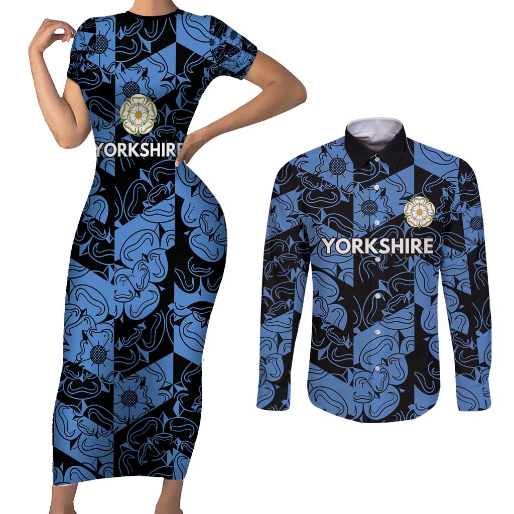 Custom Yorkshire Vikings Heritage Pride Couples Matching Short Sleeve Bodycon Dress and Long Sleeve Button Shirt White Rose of Yorkshire - Wonder Print Shop