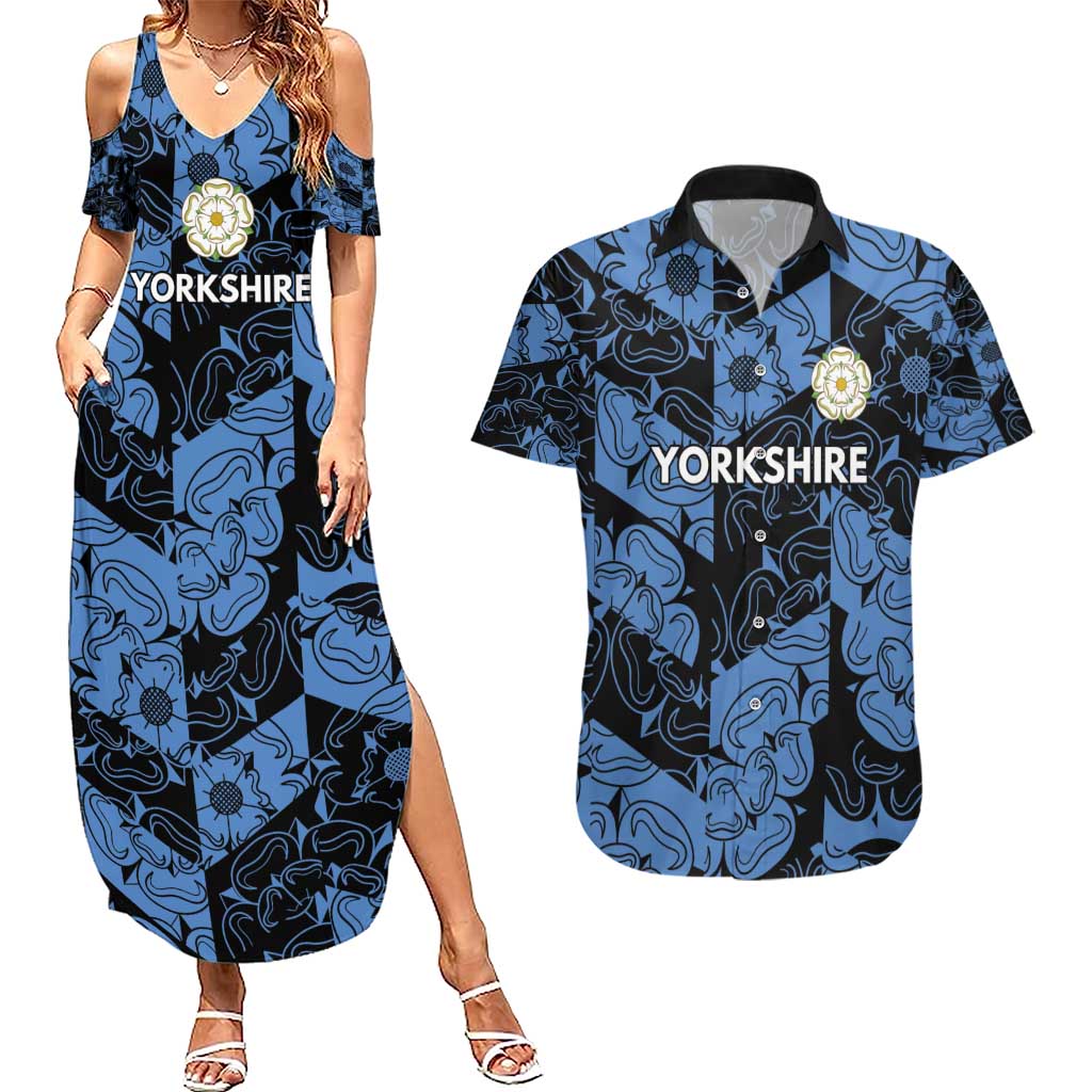 Custom Yorkshire Vikings Heritage Pride Couples Matching Summer Maxi Dress and Hawaiian Shirt White Rose of Yorkshire - Wonder Print Shop