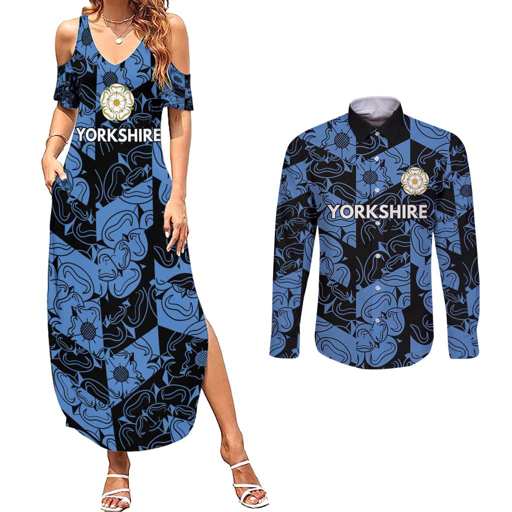 Custom Yorkshire Vikings Heritage Pride Couples Matching Summer Maxi Dress and Long Sleeve Button Shirt White Rose of Yorkshire - Wonder Print Shop