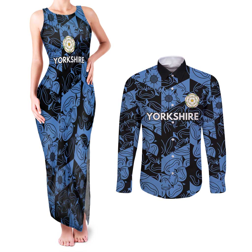 Custom Yorkshire Vikings Heritage Pride Couples Matching Tank Maxi Dress and Long Sleeve Button Shirt White Rose of Yorkshire - Wonder Print Shop