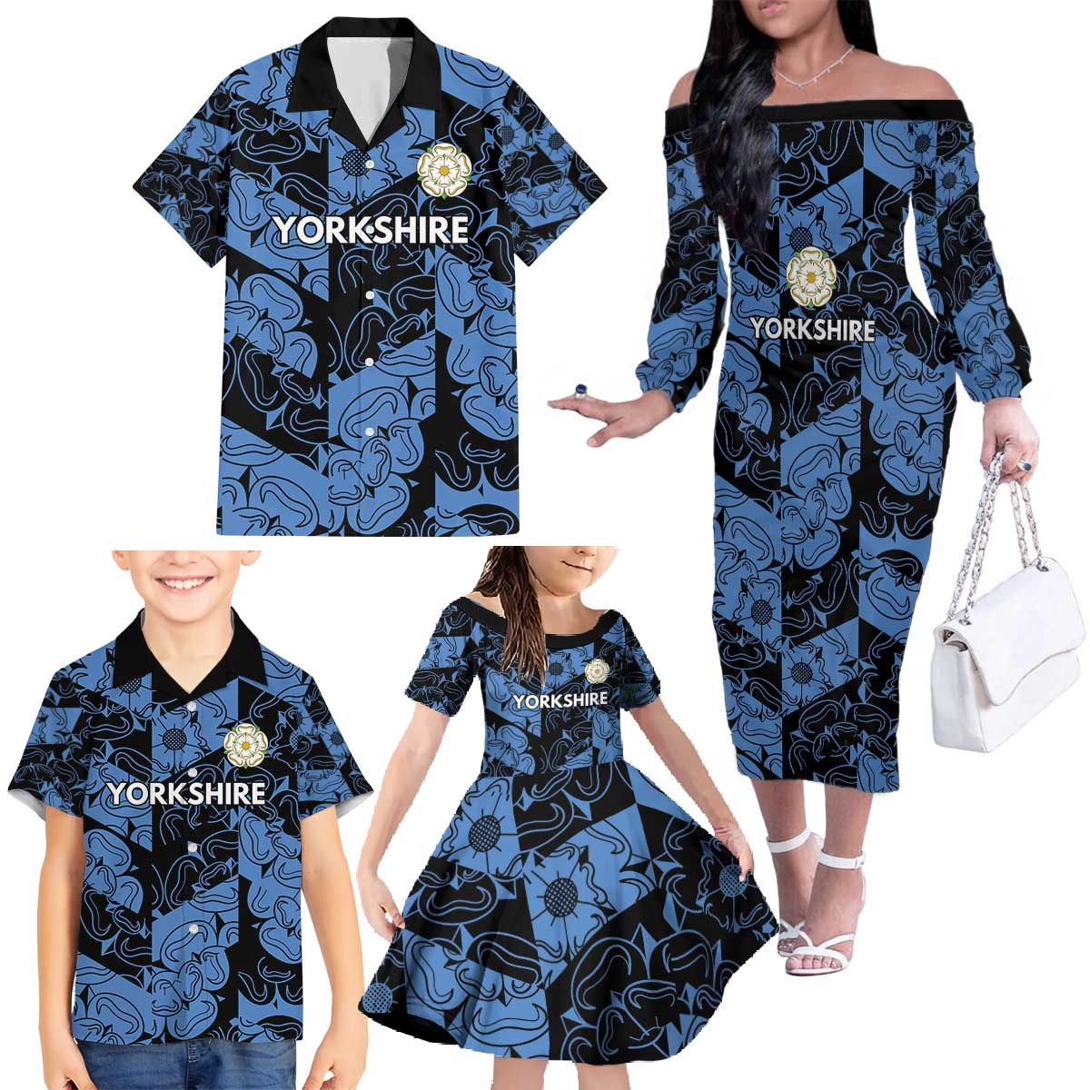 Custom Yorkshire Vikings Heritage Pride Family Matching Off The Shoulder Long Sleeve Dress and Hawaiian Shirt White Rose of Yorkshire - Wonder Print Shop