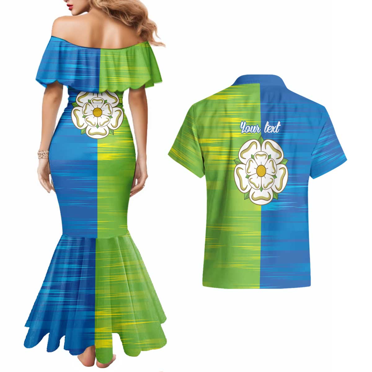 Yorkshire Heritage Personalized Couples Matching Mermaid Dress and Hawaiian Shirt East Yorkshire White Rose - Wonder Print Shop