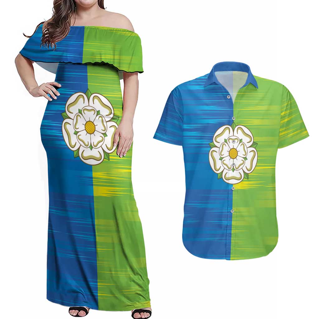 Yorkshire Heritage Personalized Couples Matching Off Shoulder Maxi Dress and Hawaiian Shirt East Yorkshire White Rose - Wonder Print Shop