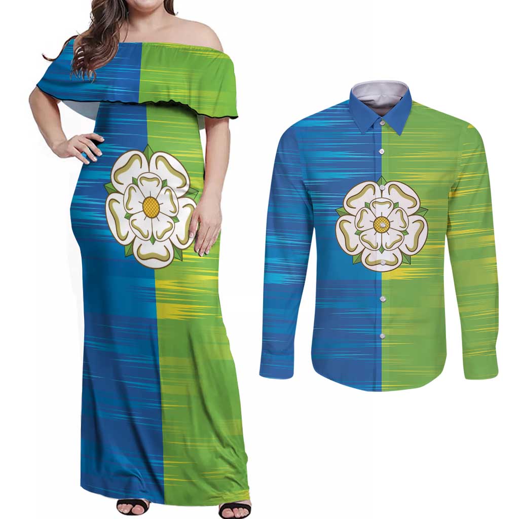 Yorkshire Heritage Personalized Couples Matching Off Shoulder Maxi Dress and Long Sleeve Button Shirt East Yorkshire White Rose - Wonder Print Shop