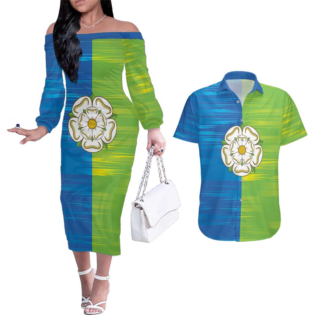 Yorkshire Heritage Personalized Couples Matching Off The Shoulder Long Sleeve Dress and Hawaiian Shirt East Yorkshire White Rose - Wonder Print Shop