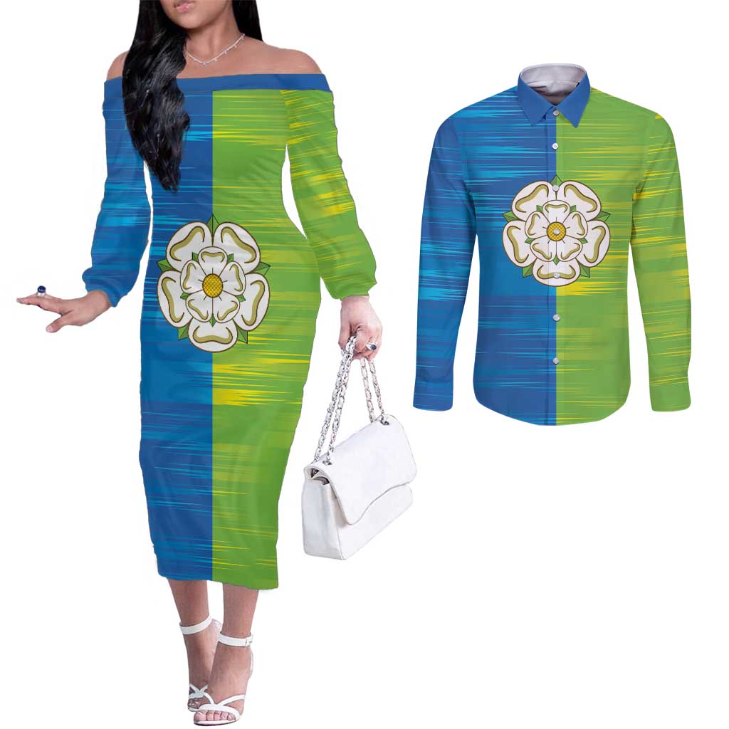 Yorkshire Heritage Personalized Couples Matching Off The Shoulder Long Sleeve Dress and Long Sleeve Button Shirt East Yorkshire White Rose - Wonder Print Shop