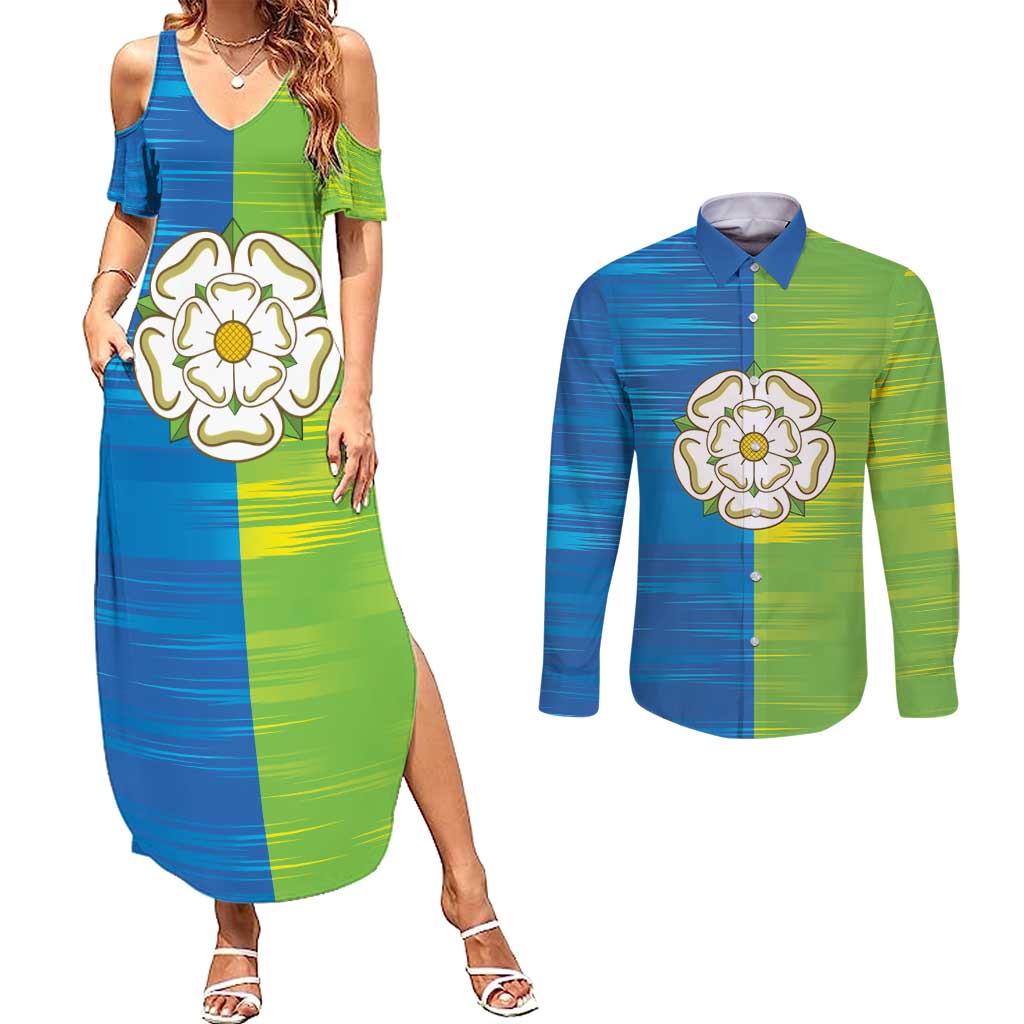 Yorkshire Heritage Personalized Couples Matching Summer Maxi Dress and Long Sleeve Button Shirt East Yorkshire White Rose - Wonder Print Shop