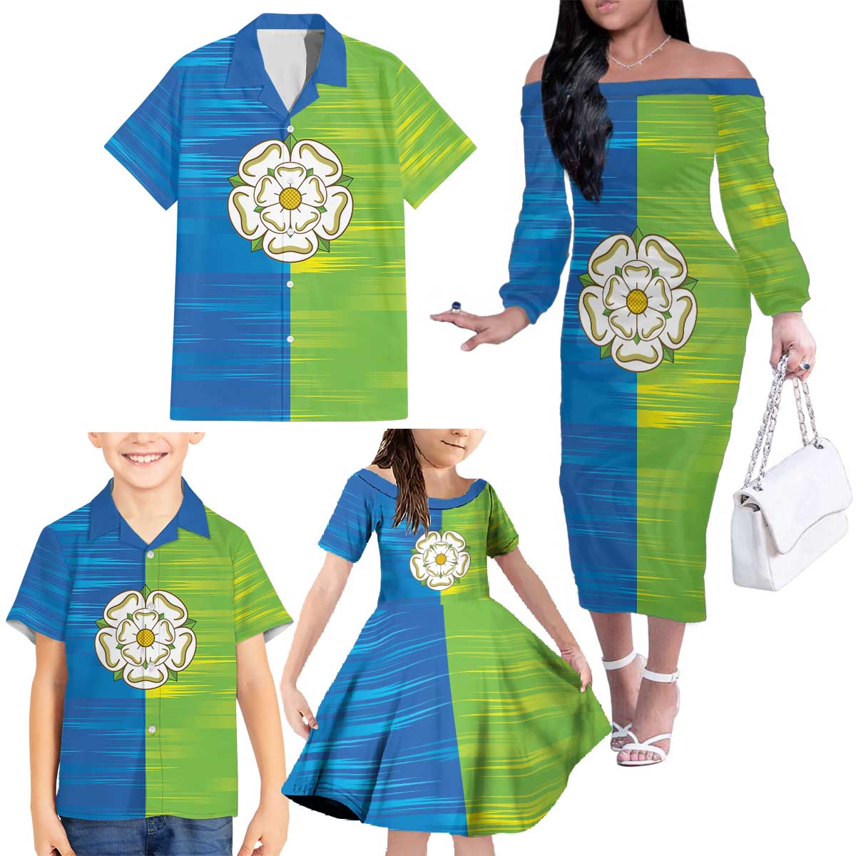 Yorkshire Heritage Personalized Family Matching Off The Shoulder Long Sleeve Dress and Hawaiian Shirt East Yorkshire White Rose - Wonder Print Shop