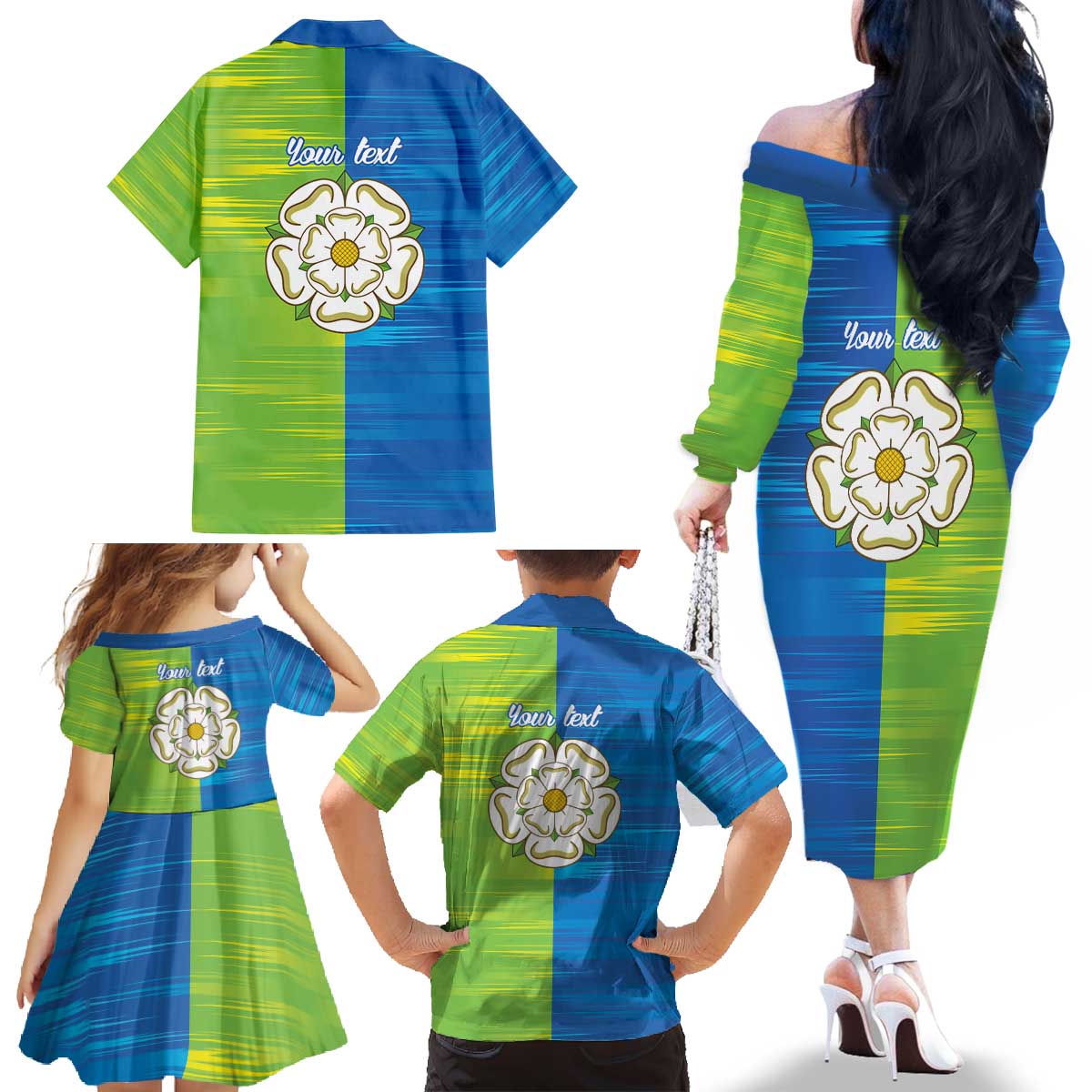 Yorkshire Heritage Personalized Family Matching Off The Shoulder Long Sleeve Dress and Hawaiian Shirt East Yorkshire White Rose - Wonder Print Shop