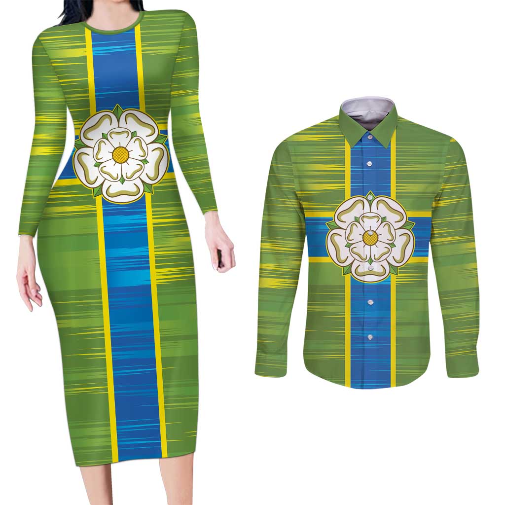 Yorkshire Heritage Personalized Couples Matching Long Sleeve Bodycon Dress and Long Sleeve Button Shirt North Yorkshire White Rose - Wonder Print Shop