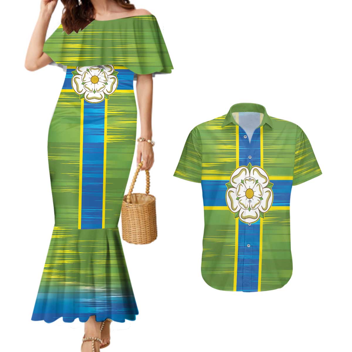 Yorkshire Heritage Personalized Couples Matching Mermaid Dress and Hawaiian Shirt North Yorkshire White Rose - Wonder Print Shop