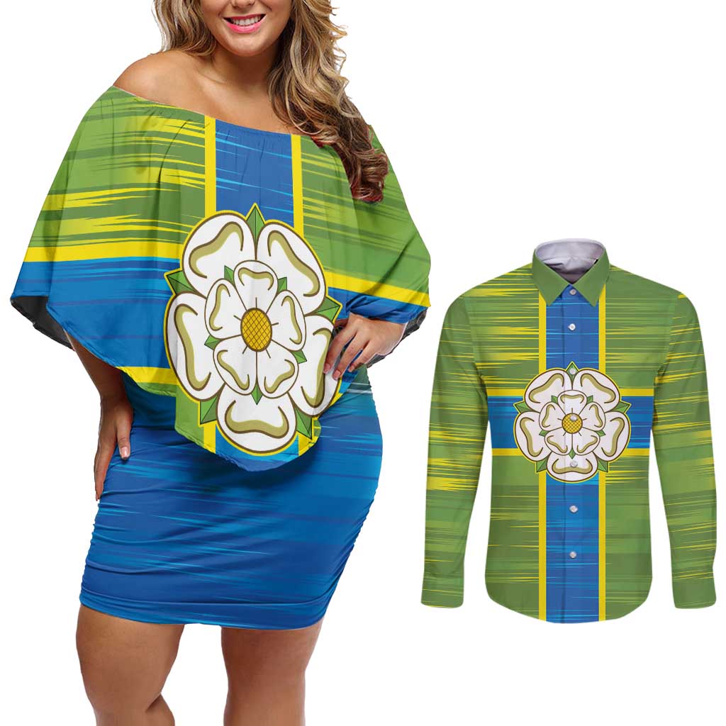 Yorkshire Heritage Personalized Couples Matching Off Shoulder Short Dress and Long Sleeve Button Shirt North Yorkshire White Rose - Wonder Print Shop