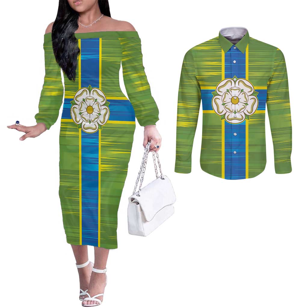 Yorkshire Heritage Personalized Couples Matching Off The Shoulder Long Sleeve Dress and Long Sleeve Button Shirt North Yorkshire White Rose - Wonder Print Shop