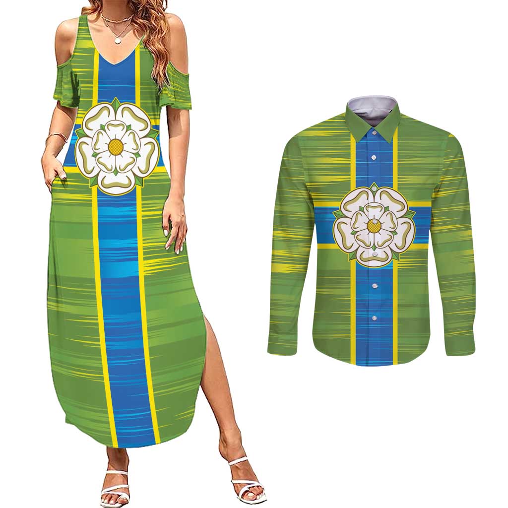 Yorkshire Heritage Personalized Couples Matching Summer Maxi Dress and Long Sleeve Button Shirt North Yorkshire White Rose - Wonder Print Shop