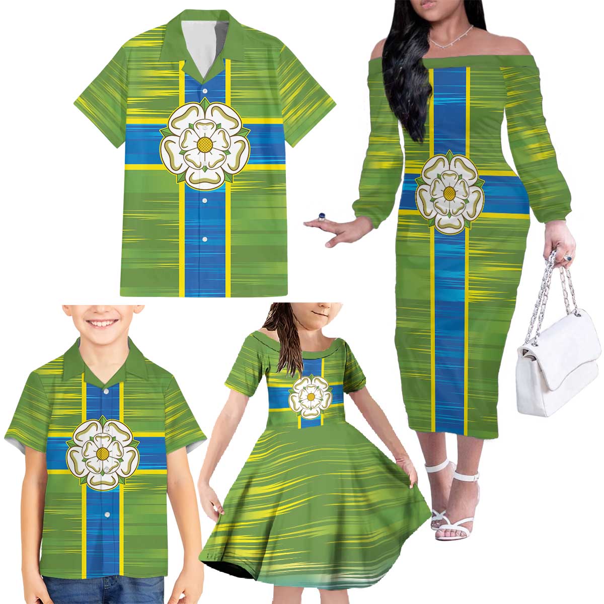 Yorkshire Heritage Personalized Family Matching Off The Shoulder Long Sleeve Dress and Hawaiian Shirt North Yorkshire White Rose - Wonder Print Shop