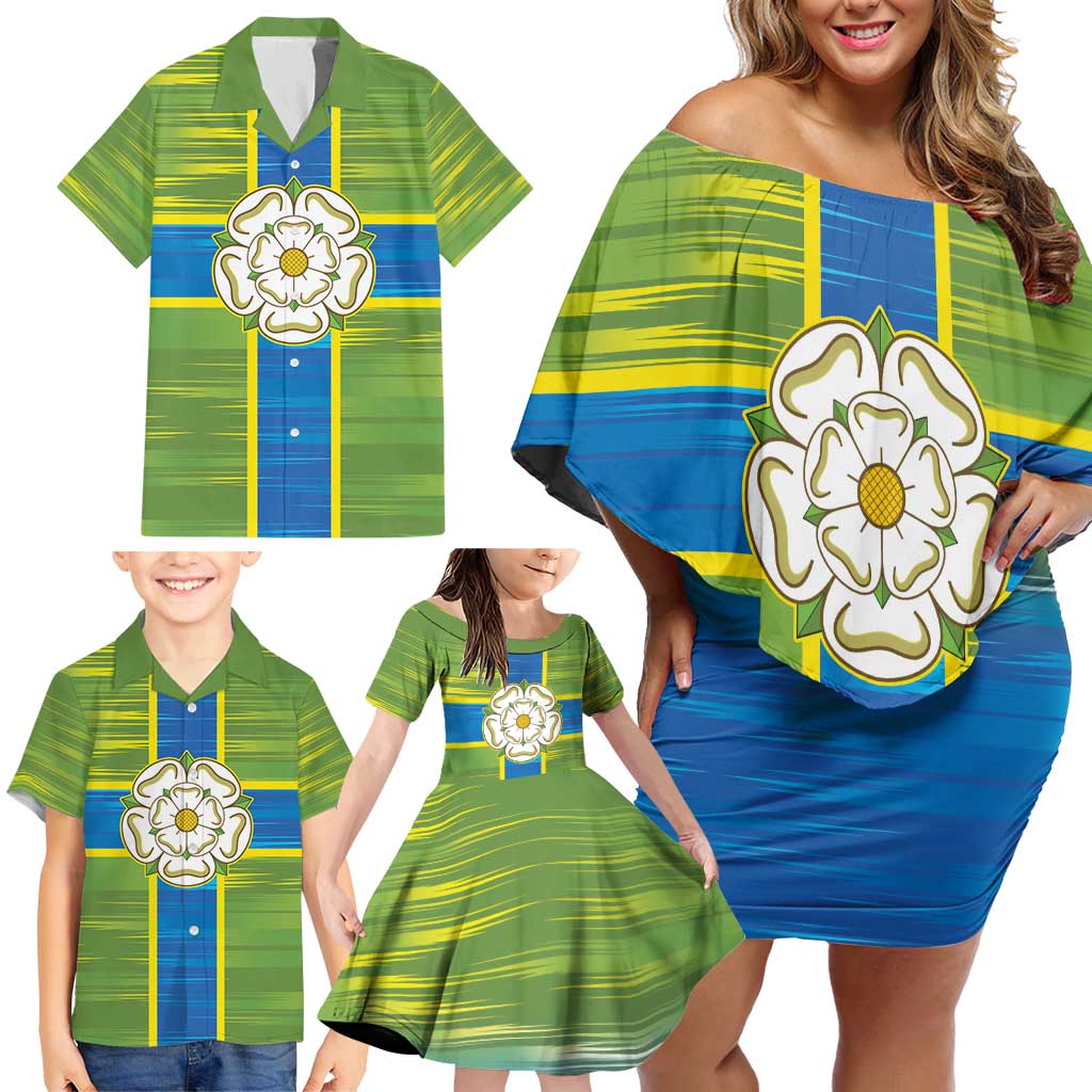 Yorkshire Heritage Personalized Family Matching Off Shoulder Short Dress and Hawaiian Shirt North Yorkshire White Rose - Wonder Print Shop