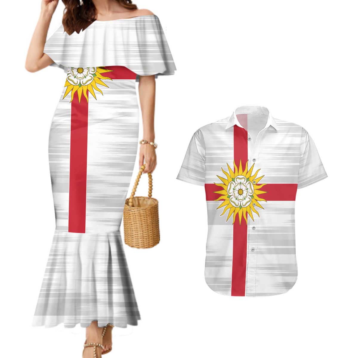 Yorkshire Heritage Personalized Couples Matching Mermaid Dress and Hawaiian Shirt West Yorkshire White Rose - Wonder Print Shop