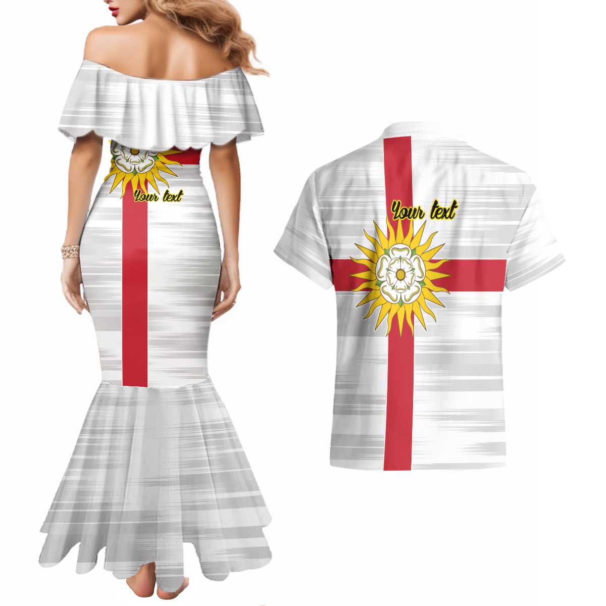 Yorkshire Heritage Personalized Couples Matching Mermaid Dress and Hawaiian Shirt West Yorkshire White Rose - Wonder Print Shop
