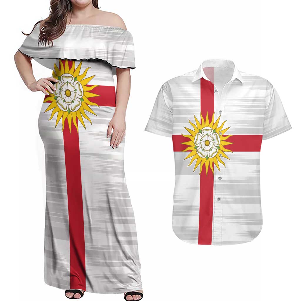Yorkshire Heritage Personalized Couples Matching Off Shoulder Maxi Dress and Hawaiian Shirt West Yorkshire White Rose - Wonder Print Shop