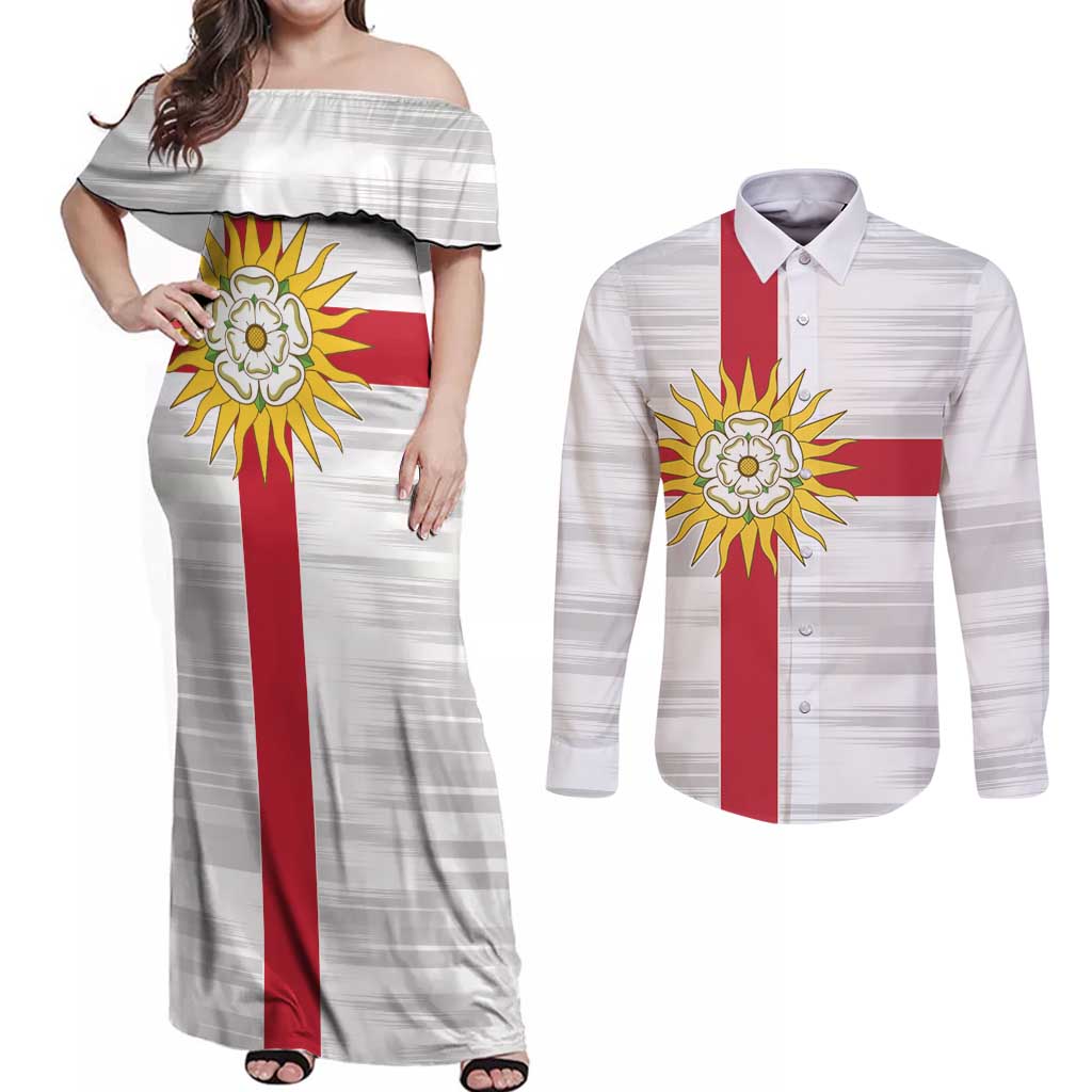 Yorkshire Heritage Personalized Couples Matching Off Shoulder Maxi Dress and Long Sleeve Button Shirt West Yorkshire White Rose - Wonder Print Shop