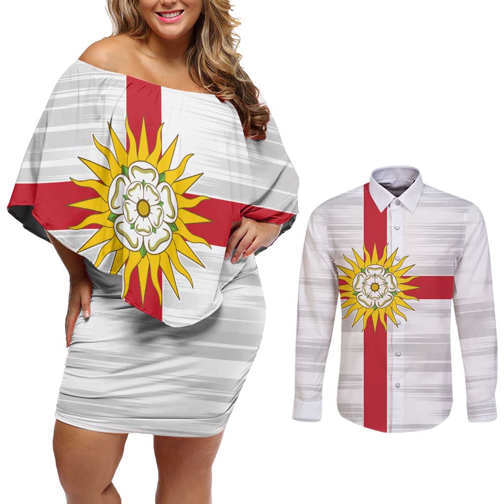 Yorkshire Heritage Personalized Couples Matching Off Shoulder Short Dress and Long Sleeve Button Shirt West Yorkshire White Rose - Wonder Print Shop