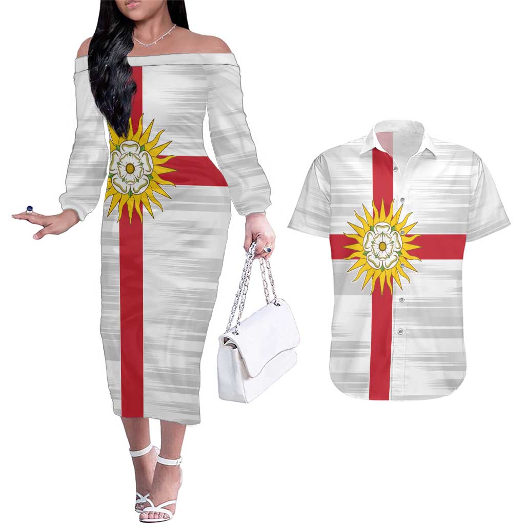 Yorkshire Heritage Personalized Couples Matching Off The Shoulder Long Sleeve Dress and Hawaiian Shirt West Yorkshire White Rose - Wonder Print Shop