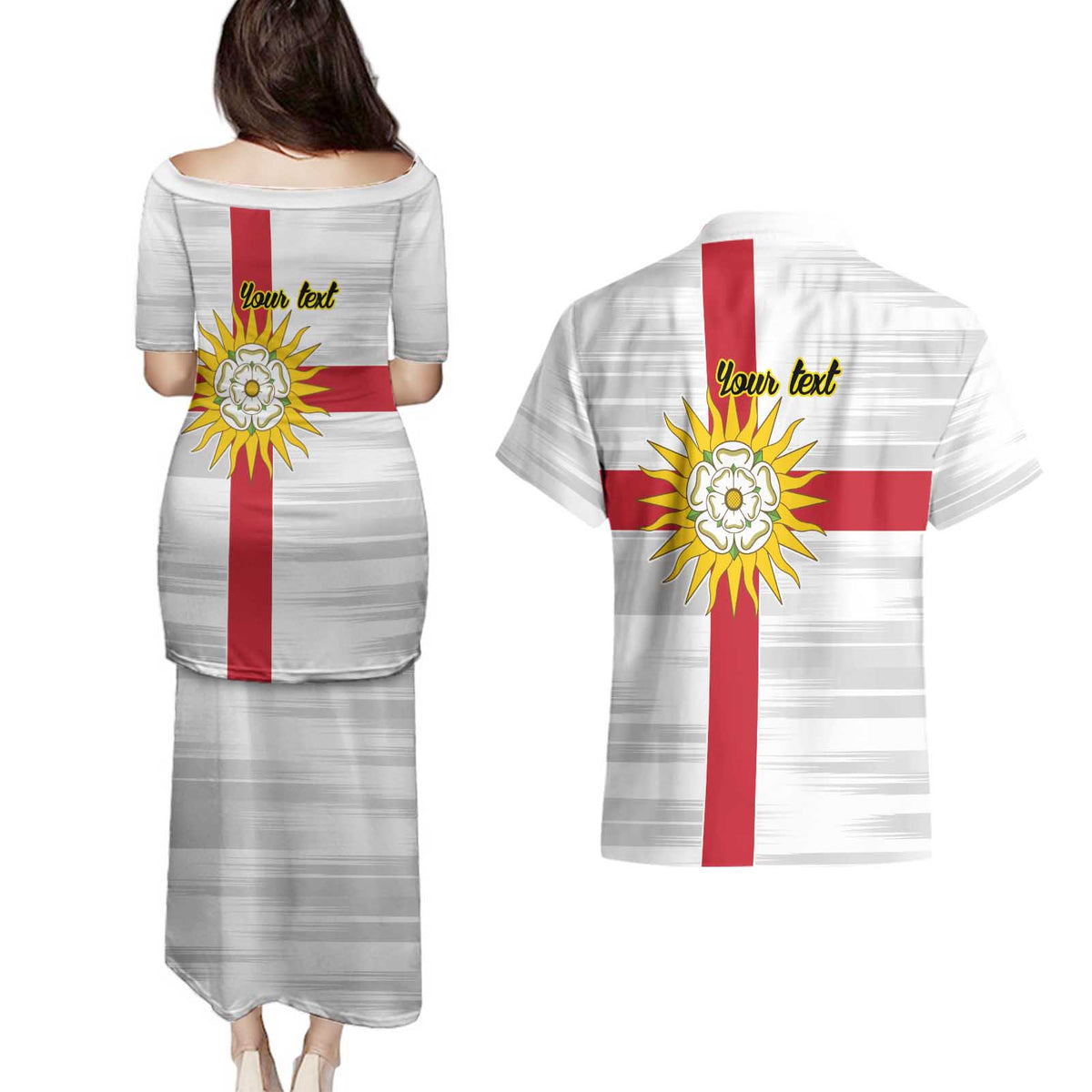 Yorkshire Heritage Personalized Couples Matching Puletasi and Hawaiian Shirt West Yorkshire White Rose - Wonder Print Shop