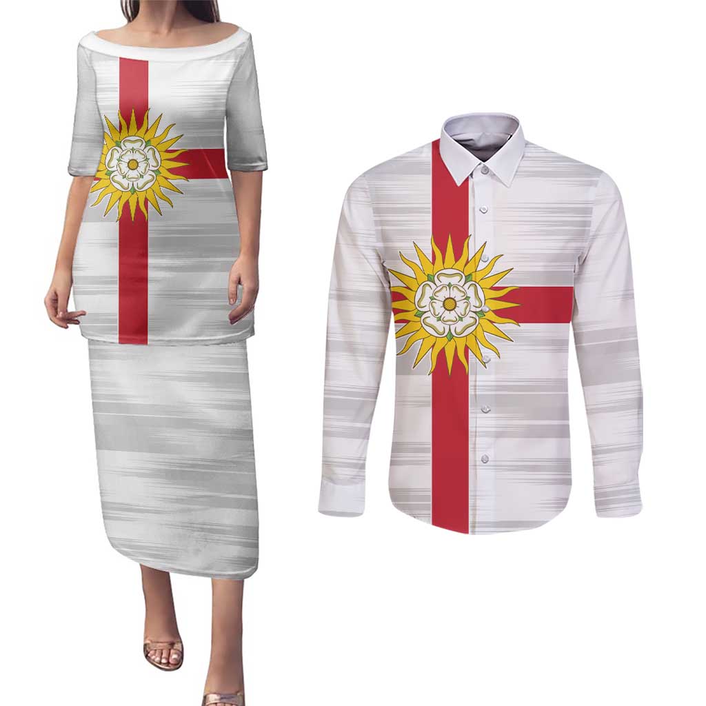Yorkshire Heritage Personalized Couples Matching Puletasi and Long Sleeve Button Shirt West Yorkshire White Rose - Wonder Print Shop
