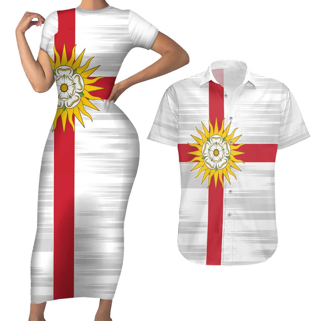 Yorkshire Heritage Personalized Couples Matching Short Sleeve Bodycon Dress and Hawaiian Shirt West Yorkshire White Rose - Wonder Print Shop