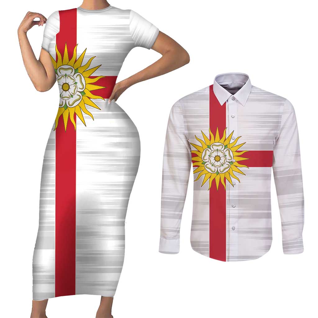 Yorkshire Heritage Personalized Couples Matching Short Sleeve Bodycon Dress and Long Sleeve Button Shirt West Yorkshire White Rose - Wonder Print Shop