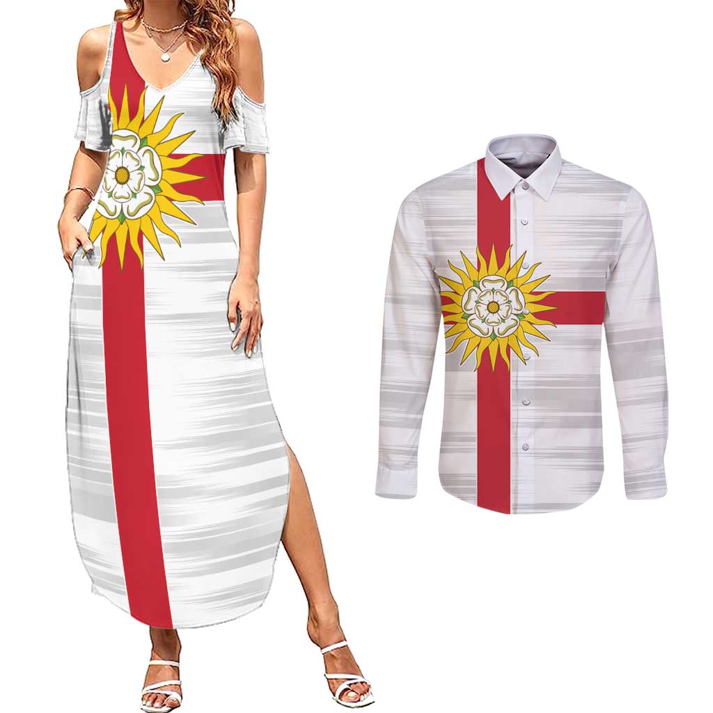 Yorkshire Heritage Personalized Couples Matching Summer Maxi Dress and Long Sleeve Button Shirt West Yorkshire White Rose - Wonder Print Shop