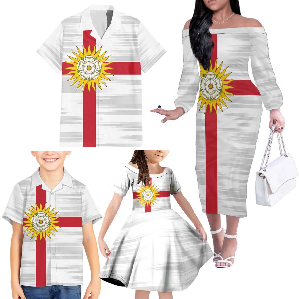Yorkshire Heritage Personalized Family Matching Off The Shoulder Long Sleeve Dress and Hawaiian Shirt West Yorkshire White Rose - Wonder Print Shop